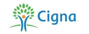 Cigna health insurance logo featuring a stylized tree with leaves, person, and the company name in blue.