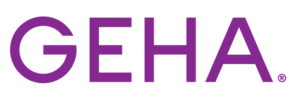 GEHA logo. Purple GEHA text on a gray background. GEHA is a health insurance company.