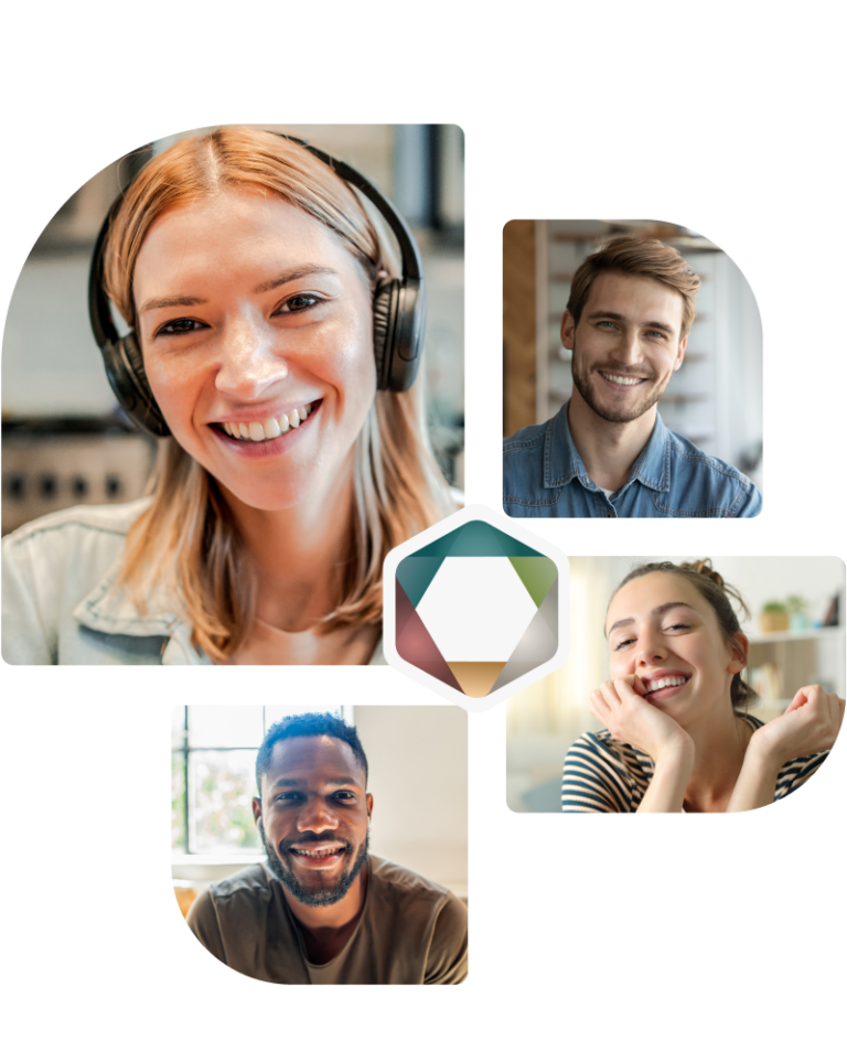 Final Frame: Diverse group of people on a video call, smiling. Team collaboration and communication.