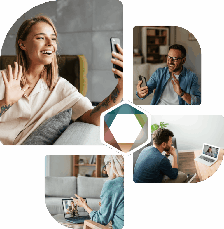 Smiling woman holding a phone for a video call with a smaller framed man on a laptop screen in a bright collage layout.