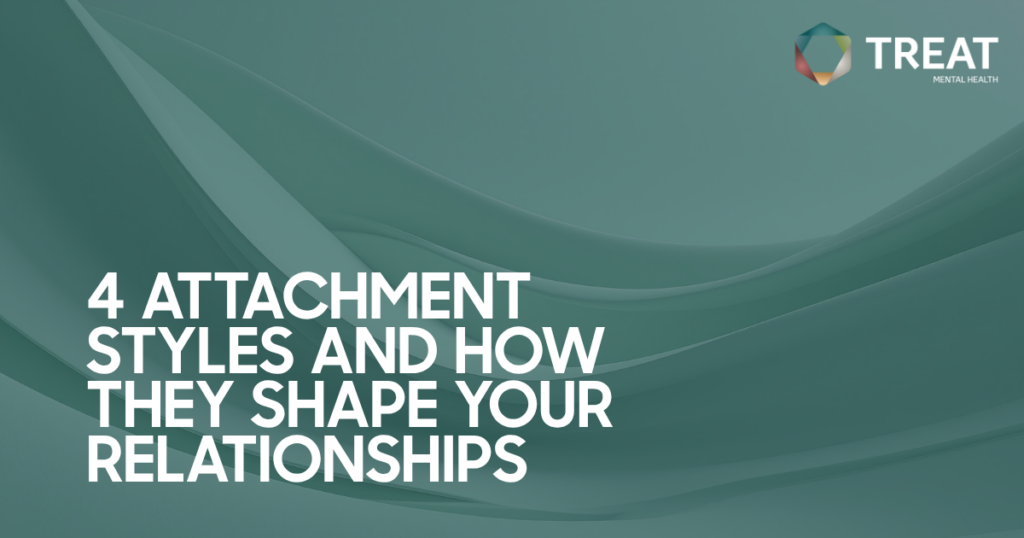 Teal abstract background with flowing shapes, featuring the article title '4 Attachment Styles and How They Shape Your Relationships' and the TREAT Mental Health logo in the top-right.