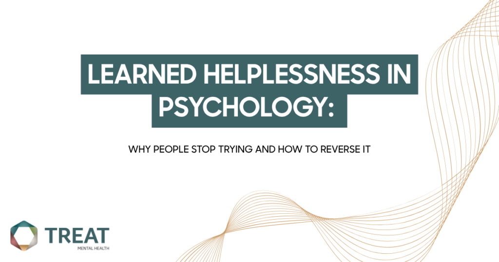Presentation slide titled 'Learned Helplessness in Psychology' with subtitle 'Why People Stop Trying and How to Reverse It', logo bottom-left and decorative orange wave motif on the right.