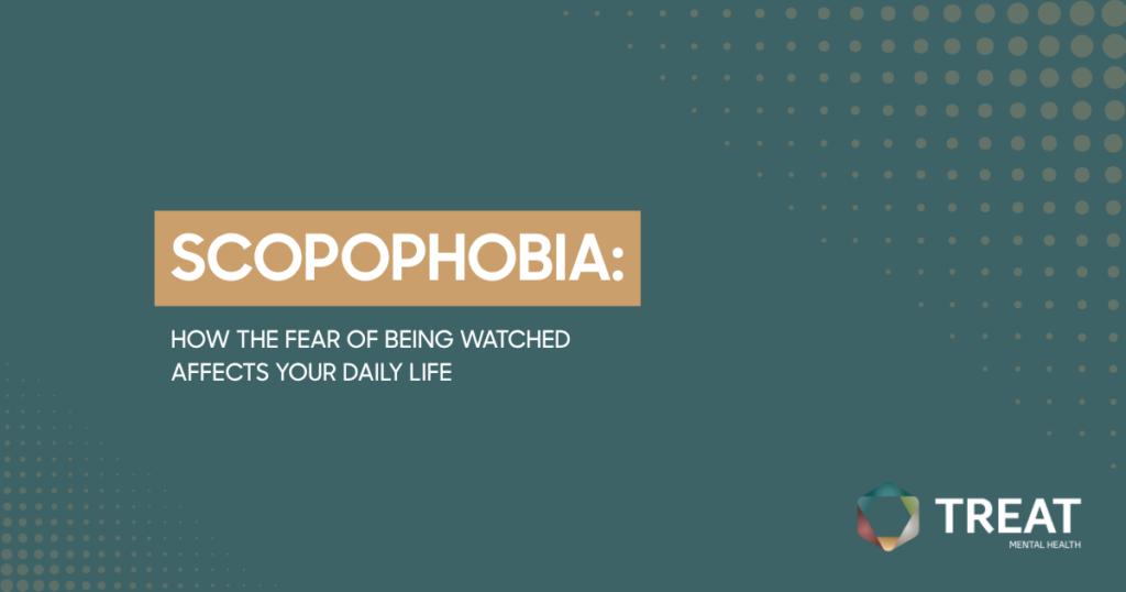 Title slide: SCOPOPHOBIA? How the fear of being watched affects your daily life, with TREAT Mental Health logo bottom right.